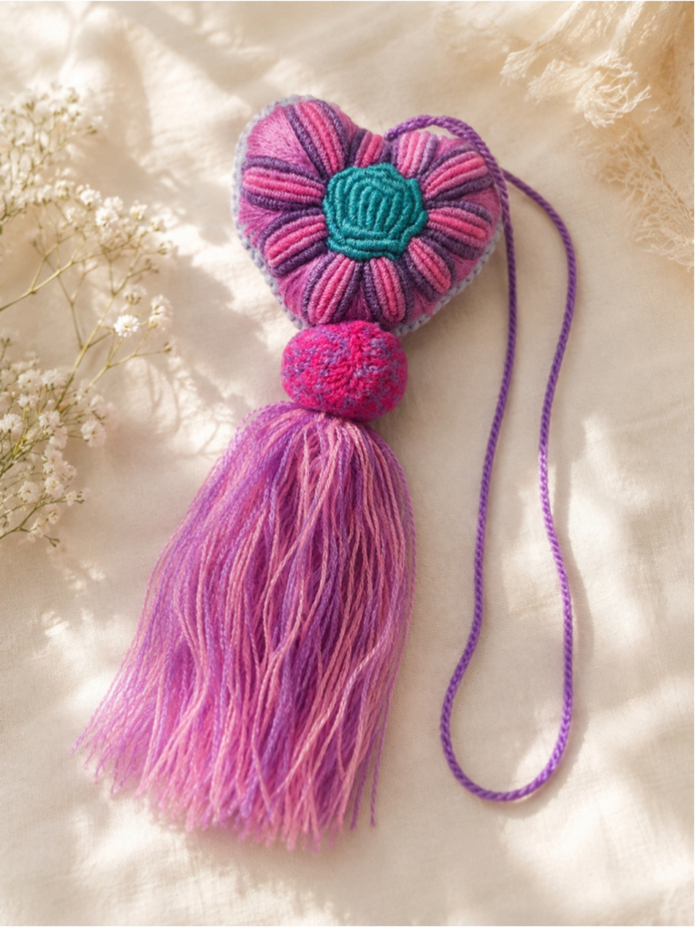 Mexican Handmade Embroidered Heart Tassel Ornament Pink Purple